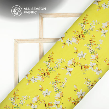 Lemon Yellow And White Floral Digital Print Chiffon Satin Fabric
