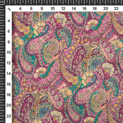 Taffy Pink And Green Paisley Digital Print Cotton Cambric Fabric