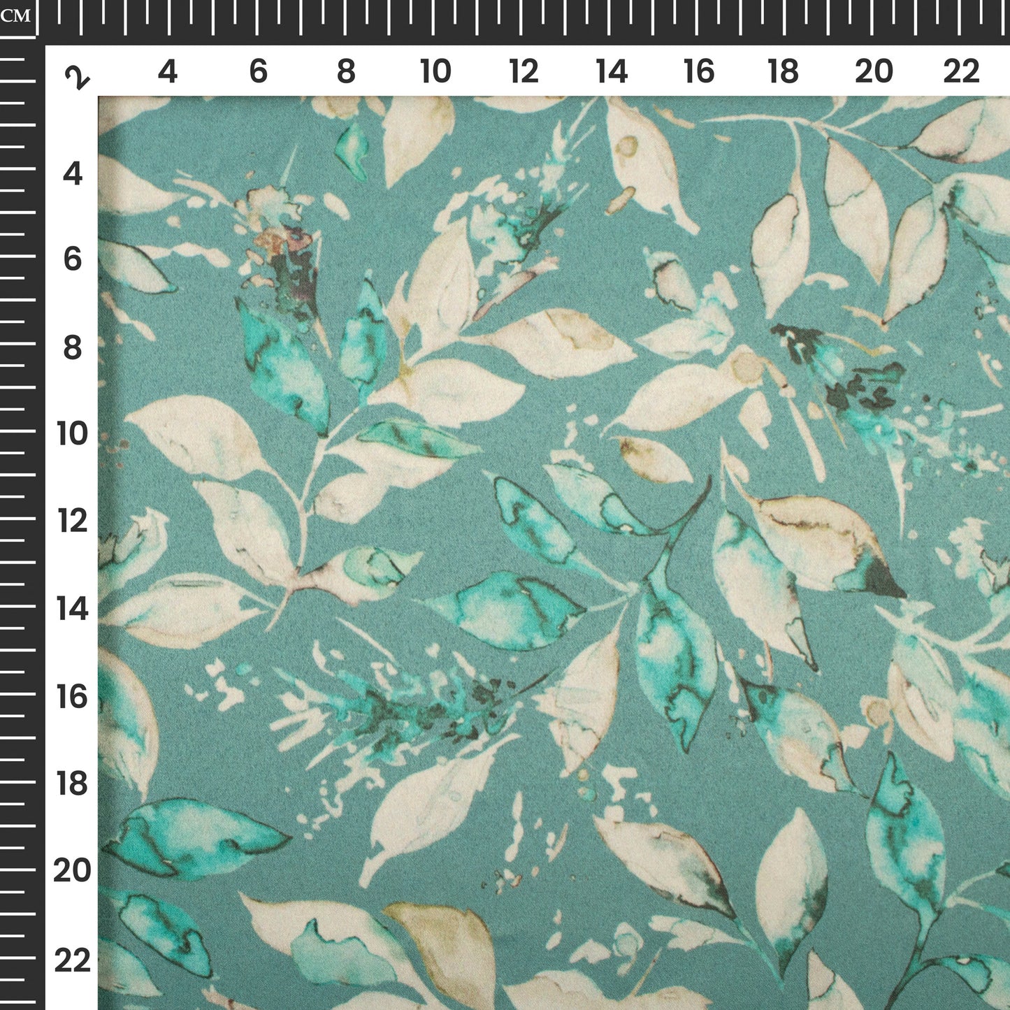 Cadet Blue Leafage Digital Print Charmeuse Satin Fabric (Width 58 Inches)