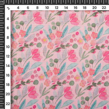 Lemonade Pink And Green Floral Digital Print Kota Doria Fabric