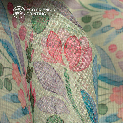 Tea Green And Pink Floral Digital Print Kota Doria Fabric