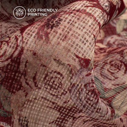 Wine Red And Peach Digital Print Kota Doria Fabric