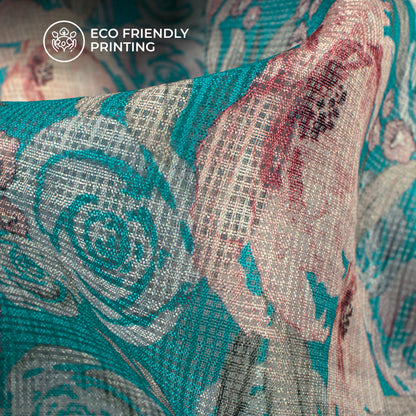Azure Blue And Peach Floral Digital Print Kota Doria Fabric