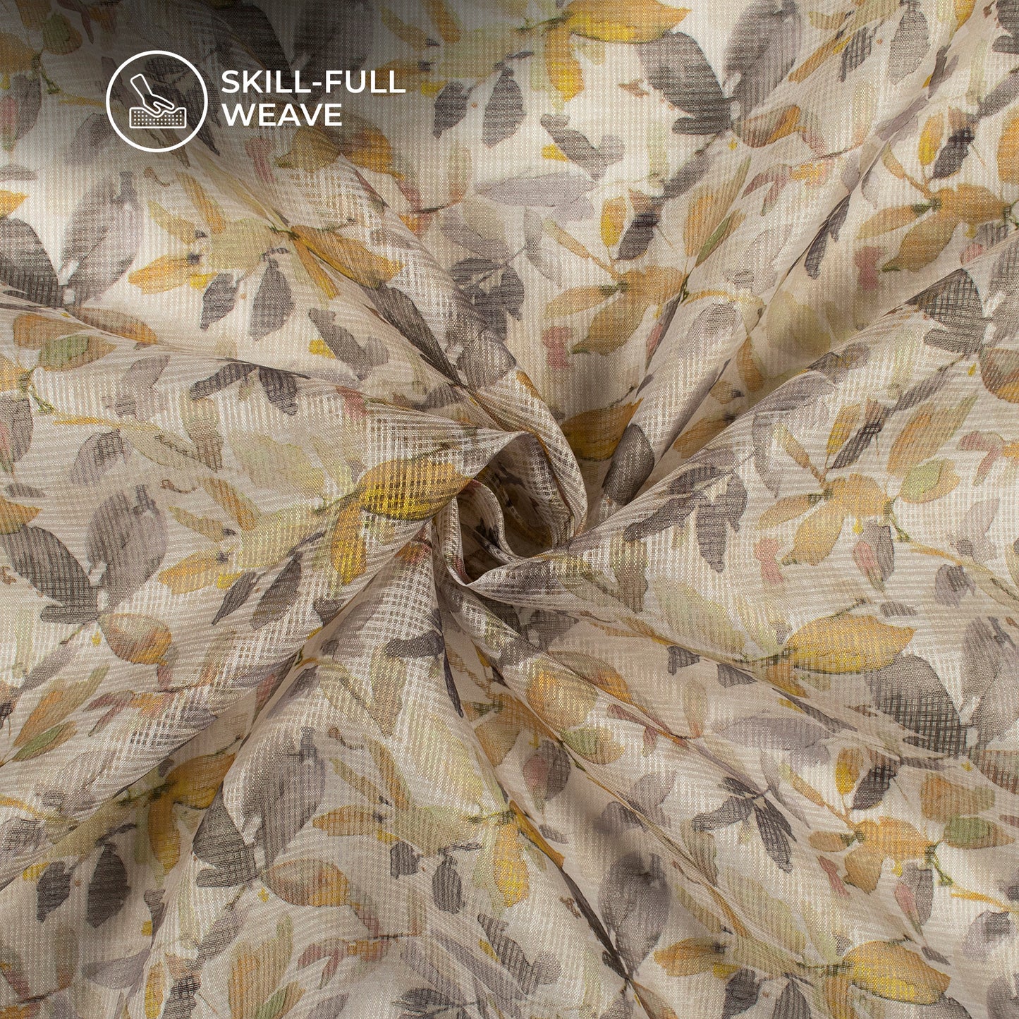 Off White And Bright Yollow Leaf Digital Print Kota Doria Fabric
