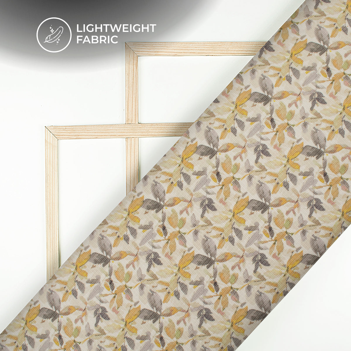 Off White And Bright Yollow Leaf Digital Print Kota Doria Fabric