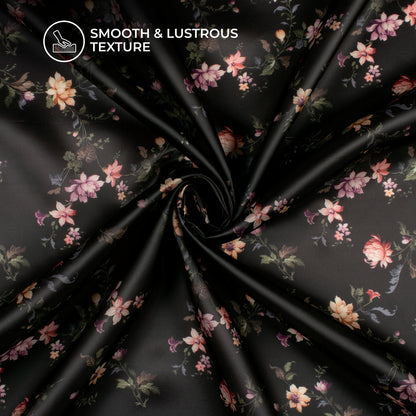 Pleasing Black Floral Digital Print Organza Satin Fabric