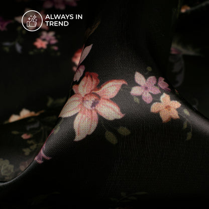 Pleasing Black Floral Digital Print Organza Satin Fabric