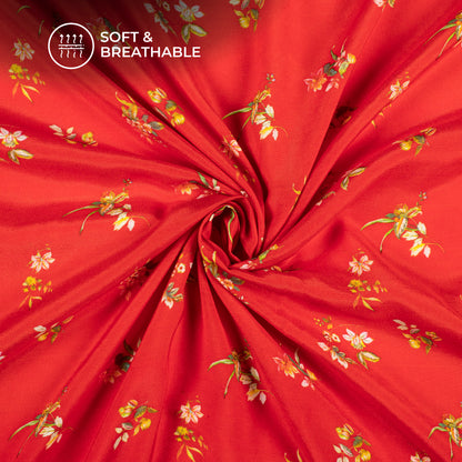 Cherry Red Floral Digital Print Viscose Muslin Fabric