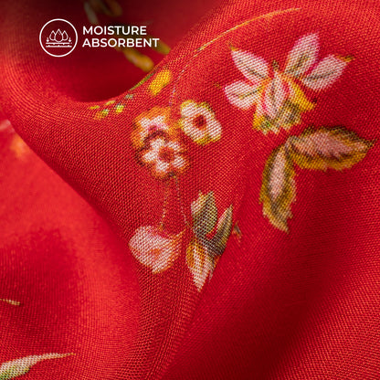 Cherry Red Floral Digital Print Viscose Muslin Fabric