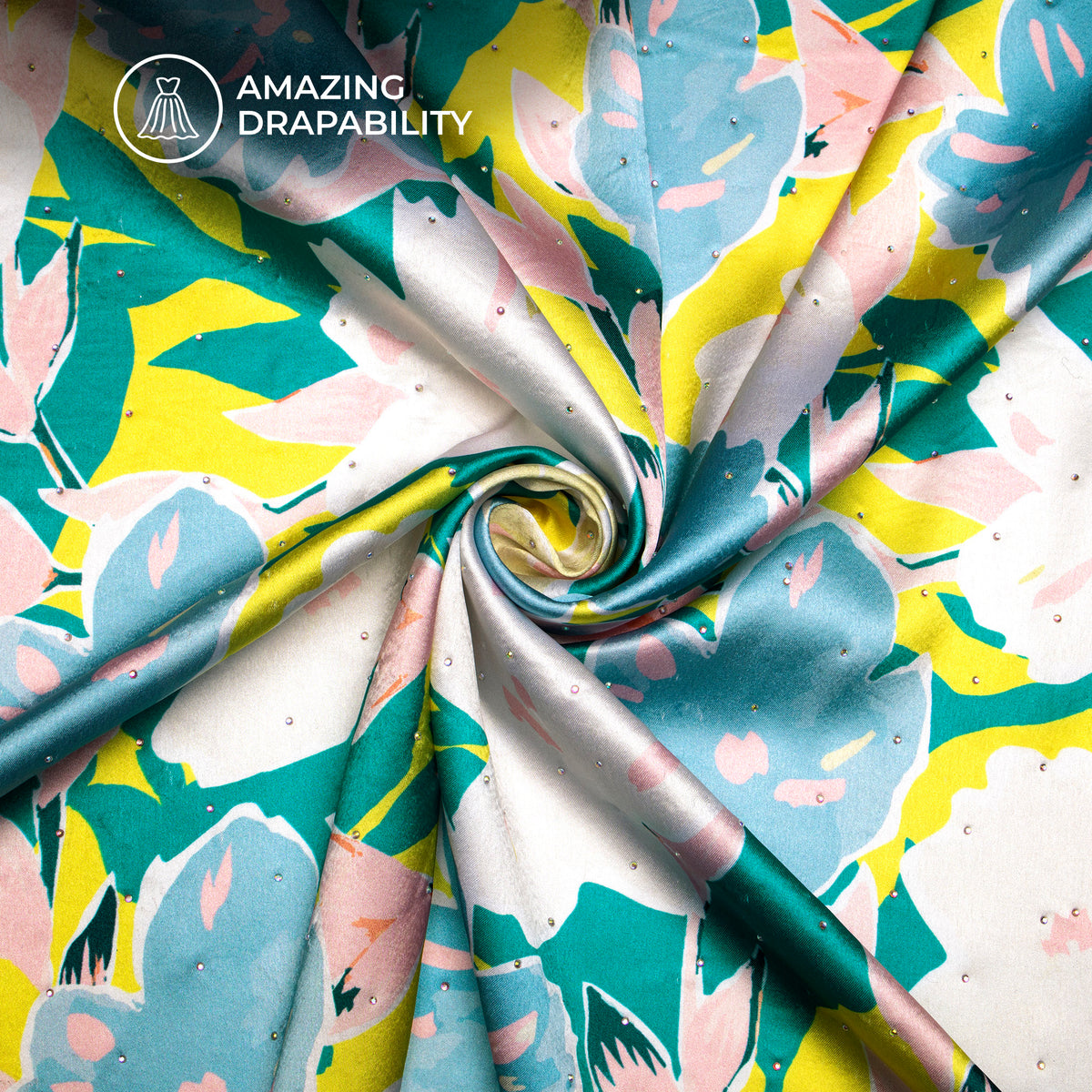 Catchy Floral Digital Print Premium Swarovski Hand Work Japan Satin Fabric