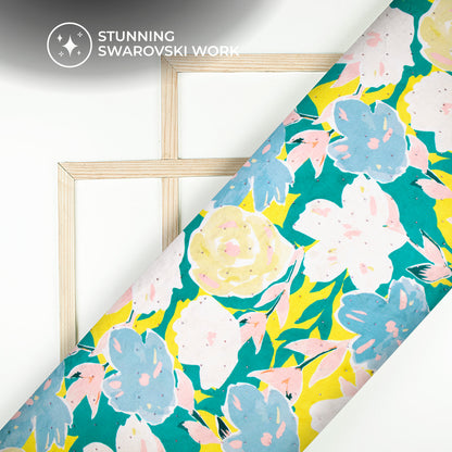 Catchy Floral Digital Print Premium Swarovski Hand Work Japan Satin Fabric