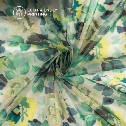 Exclusive Green Rose Digital Print Organza Satin Fabric