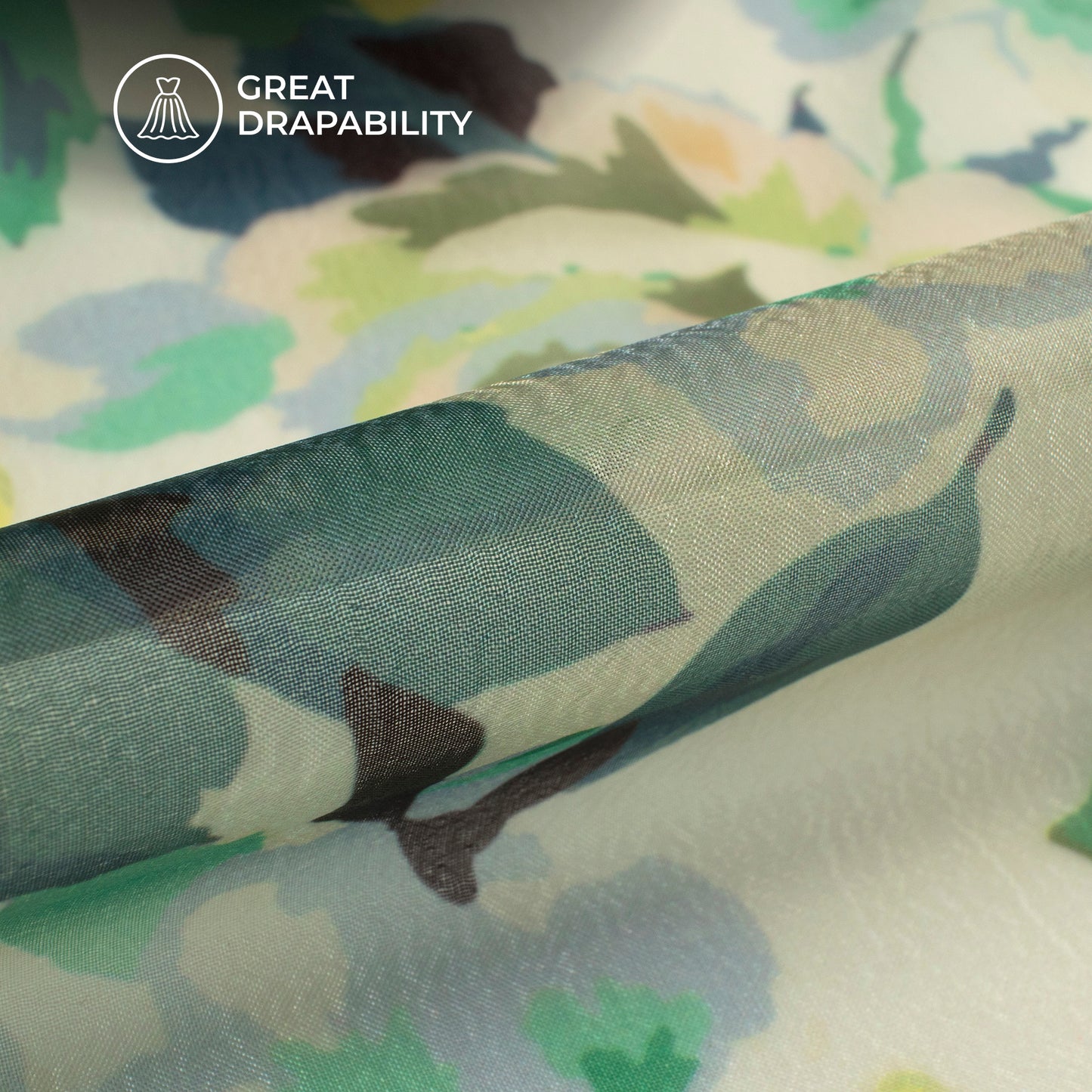 Exclusive Green Rose Digital Print Premium Liquid Organza Fabric
