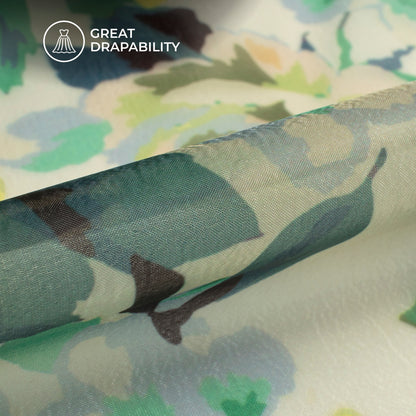 Exclusive Green Rose Digital Print Organza Satin Fabric