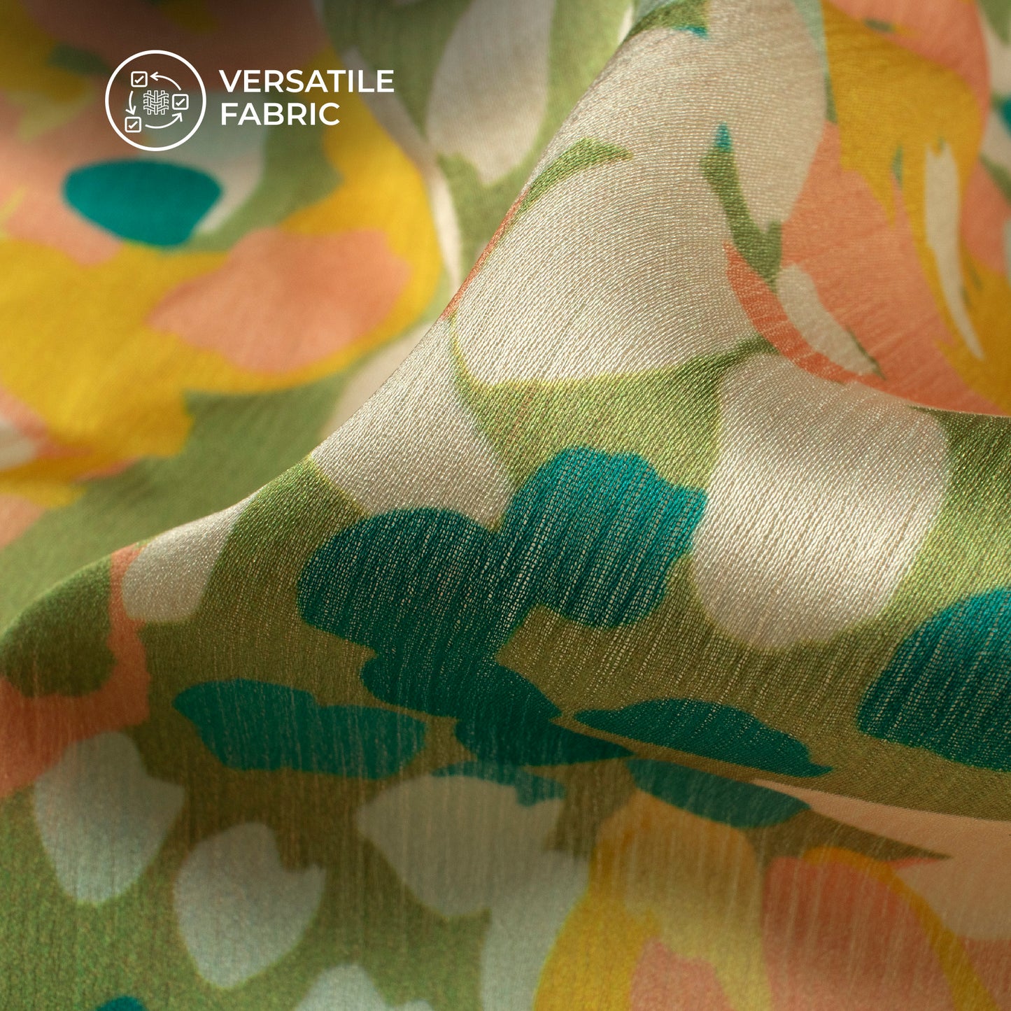 Bright Yellow Floral Digital Print Chiffon Satin Fabric
