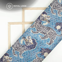 Blue And Cream Animal Pattaern Digital Print Sherwani Fabric