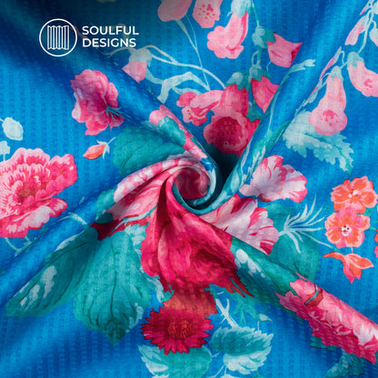 Sky Blue And Pink Floral Pattern Digital Print Sherwani Fabric