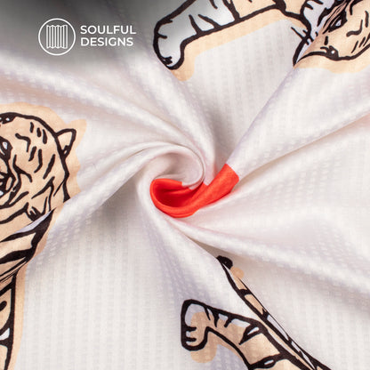 Off White And Orange Animal Pattern Digital Print Sherwani Fabric
