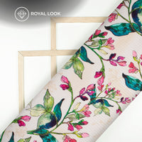 Off White And Pink Leaf Pattern Digital Print Sherwani Fabric