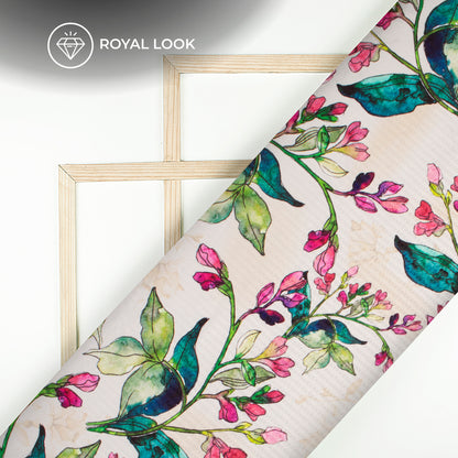 Off White And Pink Leaf Pattern Digital Print Sherwani Fabric