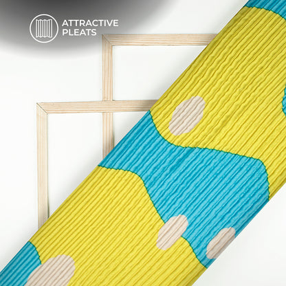 Lemon Yellow Abstract Digital Print Japan Satin Pleated Fabric