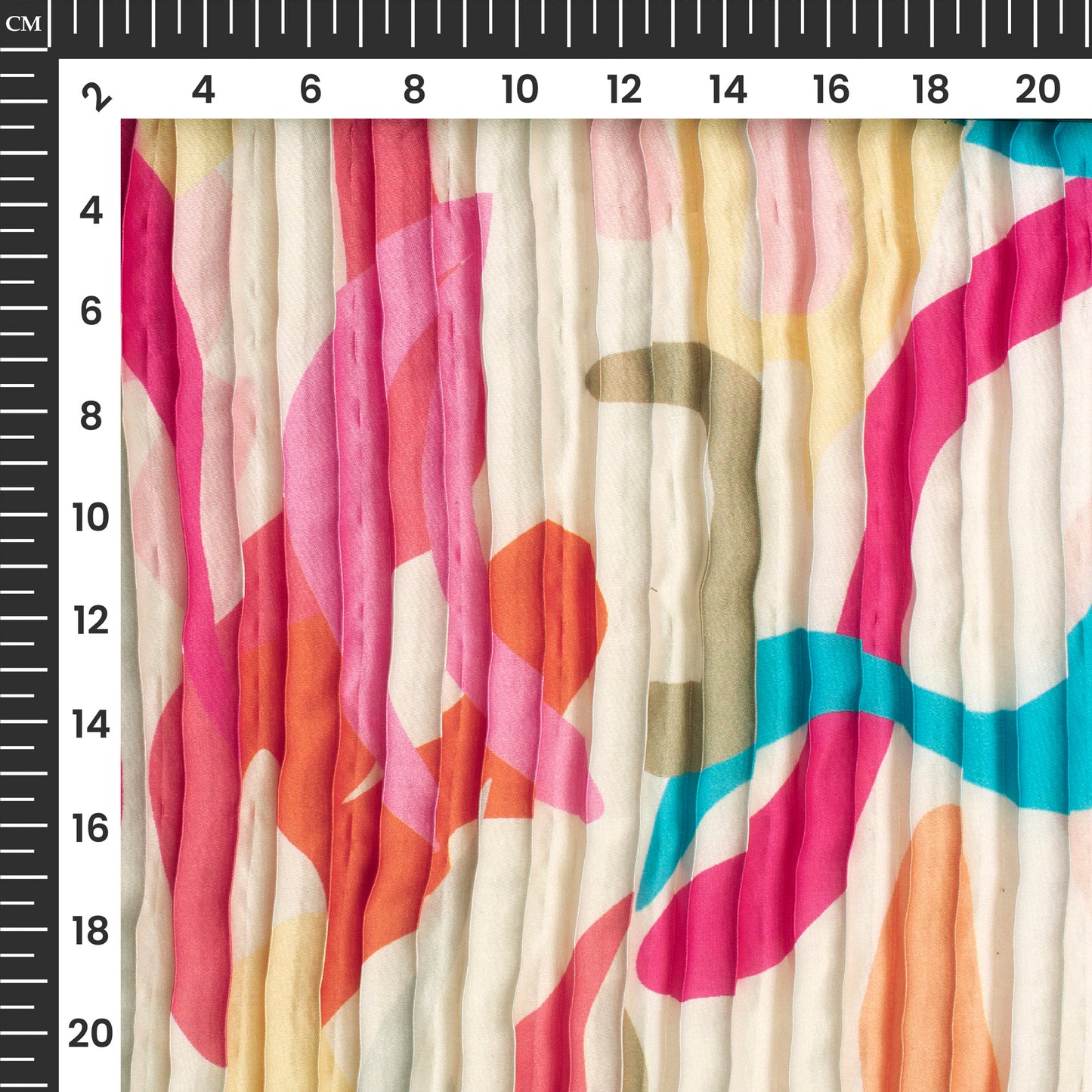 Deep Pink Abstract Digital Print Japan Satin Pleated Fabric
