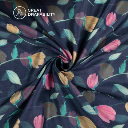 Indiigo Blue Floral Printed Sustainable Orange Fabric
