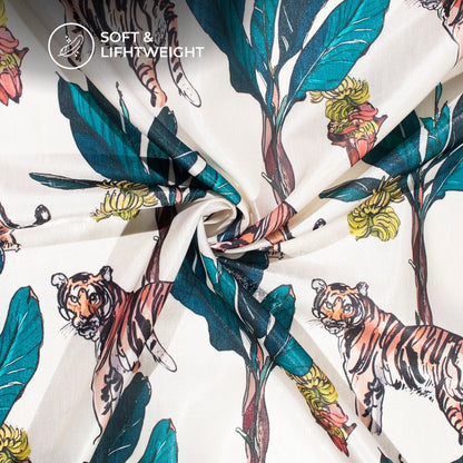 Off White And Navy Blue Quirky Digital Print Silk Satin Fabric