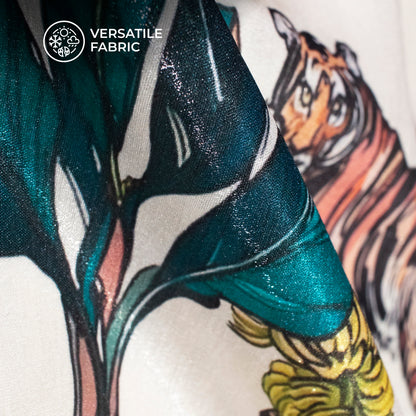 Off White And Navy Blue Quirky Digital Print Silk Satin Fabric