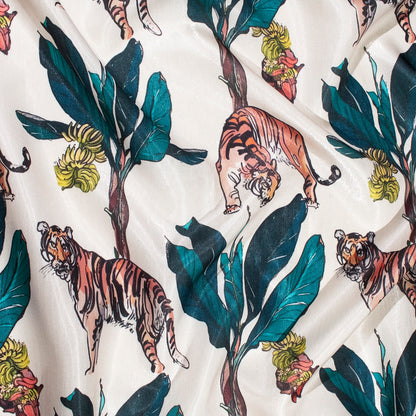 Off White And Navy Blue Quirky Digital Print Silk Satin Fabric