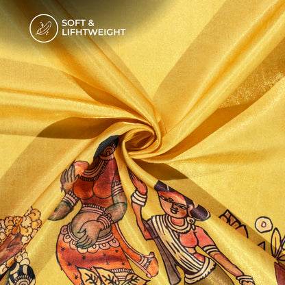 Cinnamon And Yellow Madhuvanii Digital Print Silk Satin Fabric