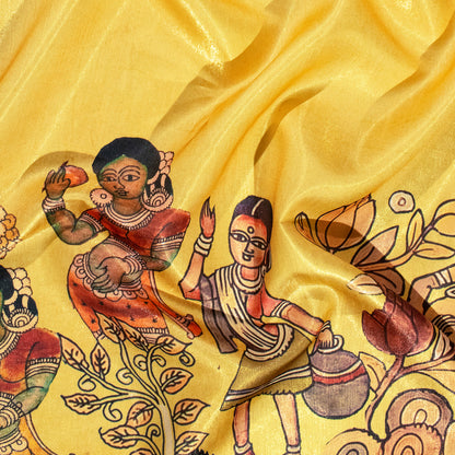 Cinnamon And Yellow Madhuvanii Digital Print Silk Satin Fabric