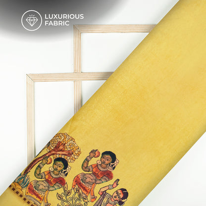 Cinnamon And Yellow Madhuvanii Digital Print Silk Satin Fabric