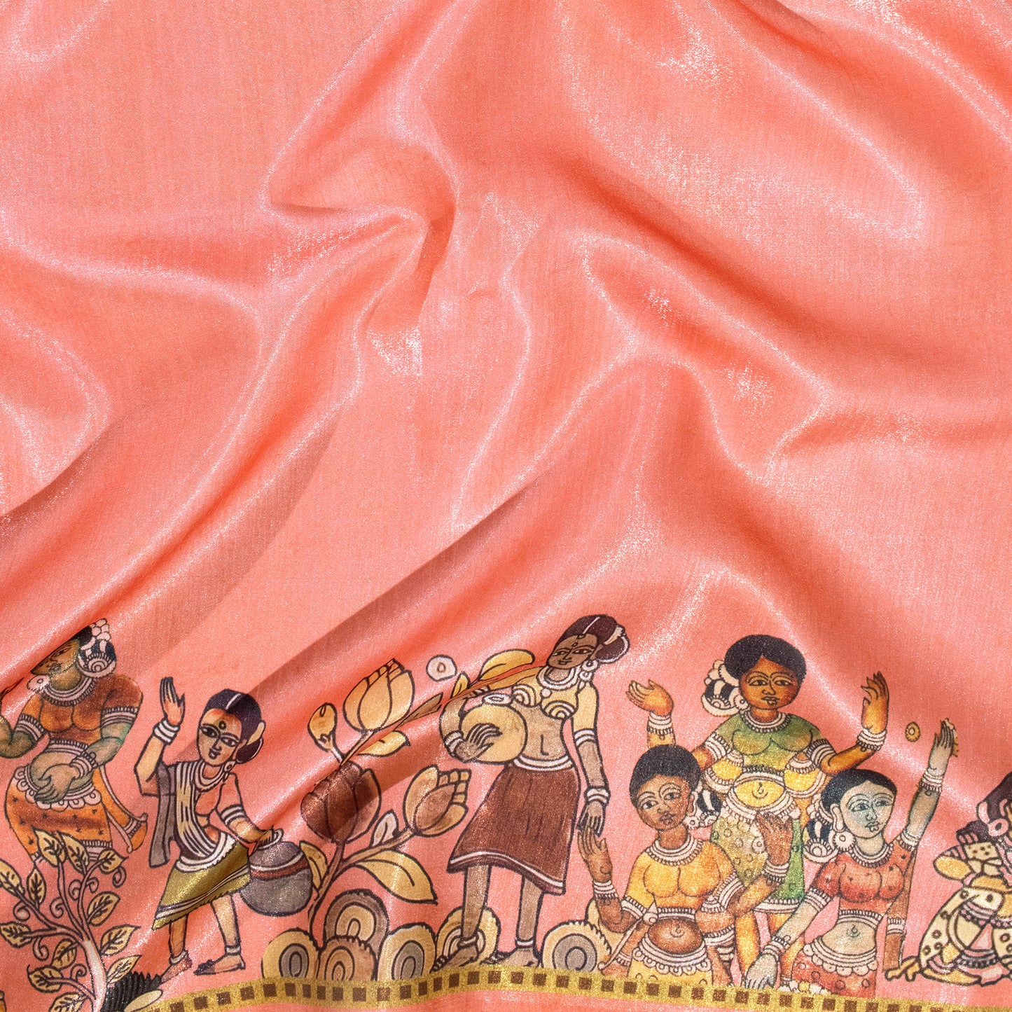 Peach Pink And Cinnamon Madhubani Digital Print Silk Satin Fabric