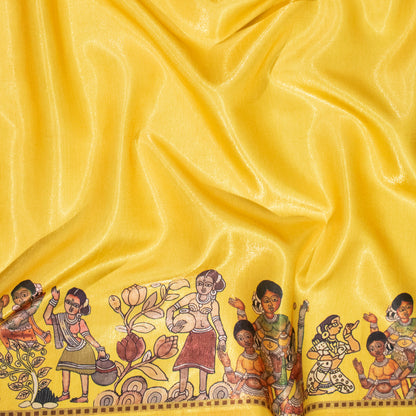 Cinnamon And Yellow Madhuvanii Digital Print Silk Satin Fabric