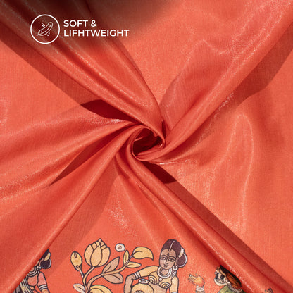 Cinnamon And Orange Madhuvanii Pattern Digital Print Silk Satin Fabric