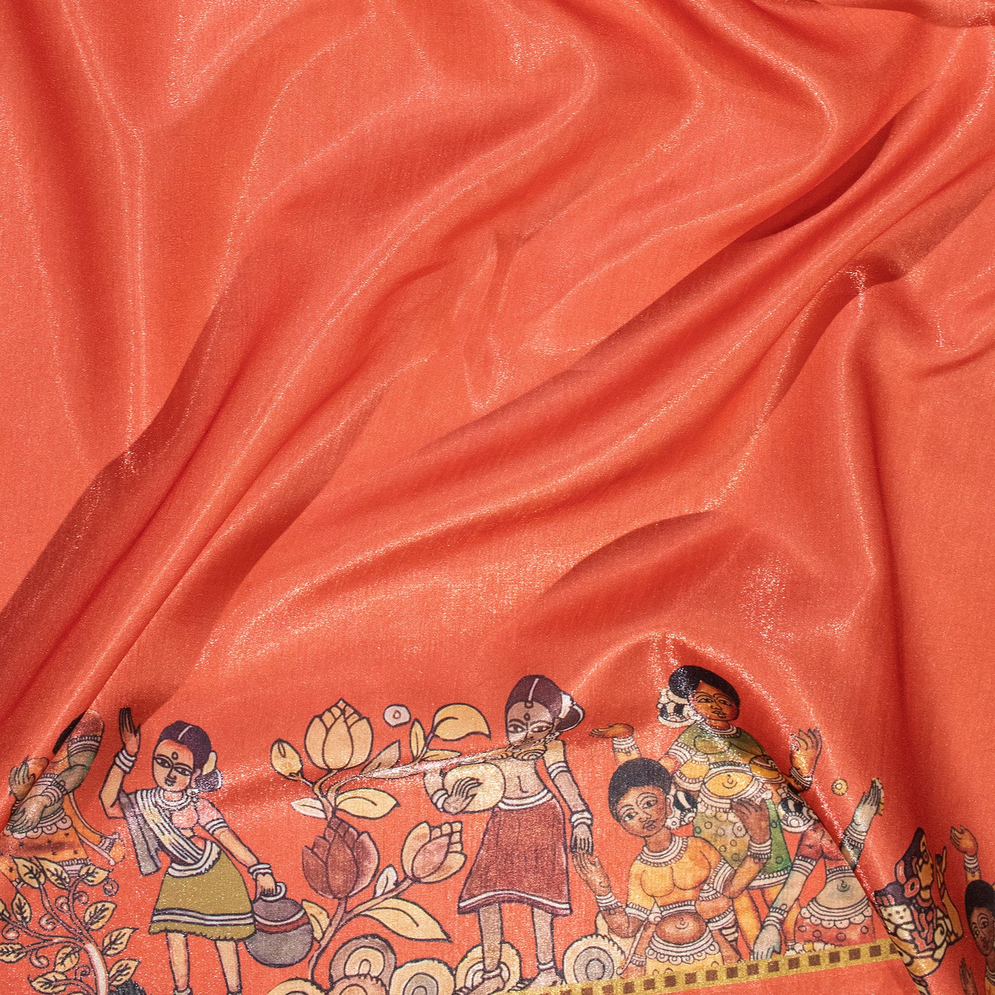 Cinnamon And Orange Madhubani Pattern Digital Print Silk Satin Fabric