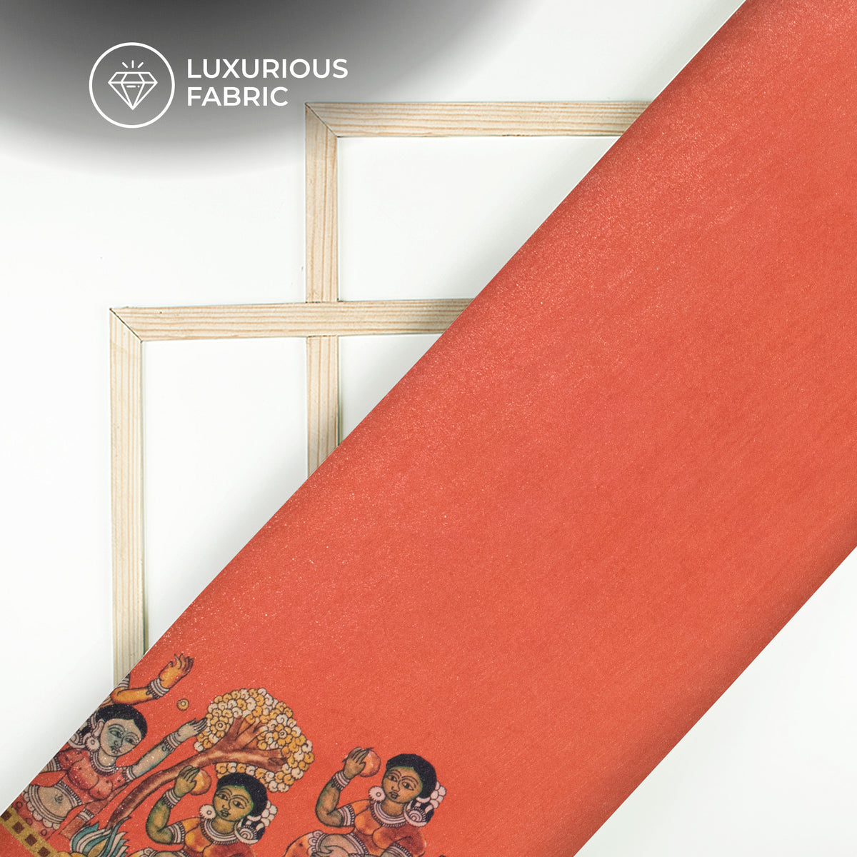 Cinnamon And Orange Madhubani Pattern Digital Print Silk Satin Fabric
