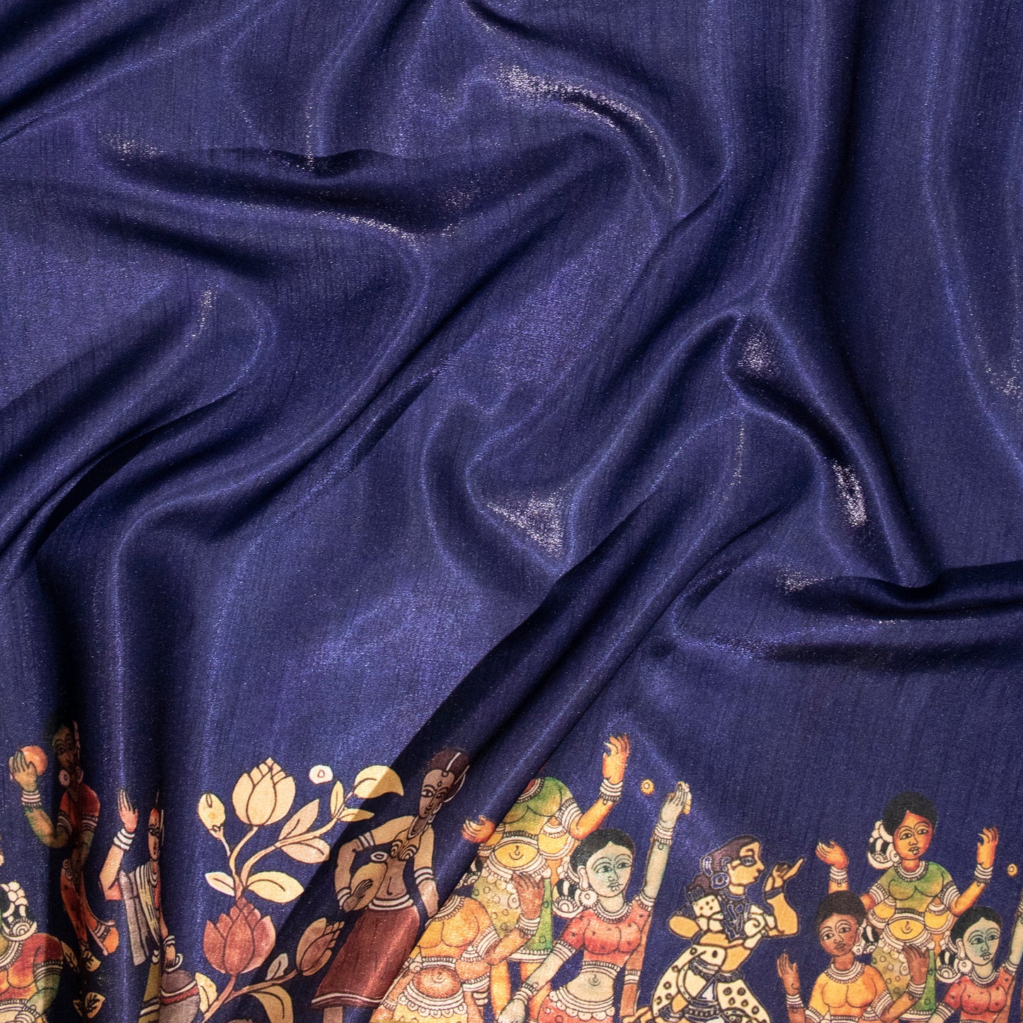 Cinnamon And Blue Madhubani Pattern Digital Print Silk Satin Fabric