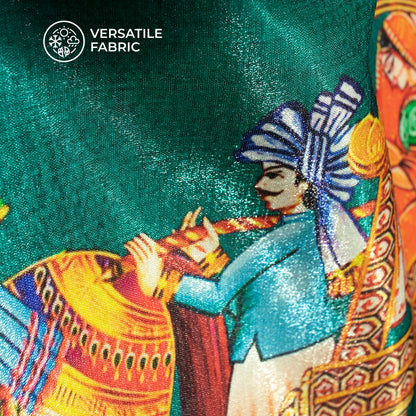 Common Teal  And Green Madhuvanii Pattern Digital Print Silk Satin Fabric