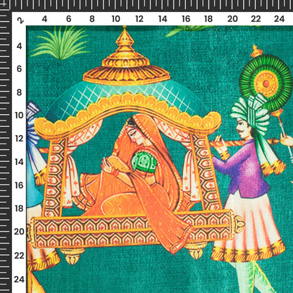 Common Teal  And Green Madhuvanii Pattern Digital Print Silk Satin Fabric
