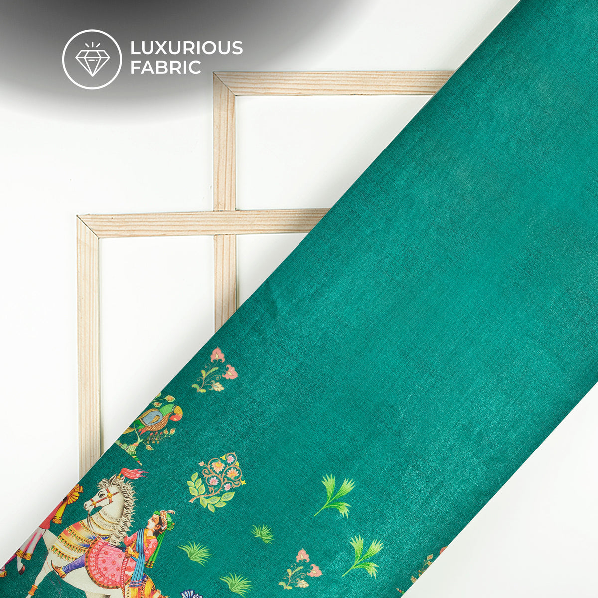 Common Teal  And Green Madhubani Pattern Digital Print Silk Satin Fabric