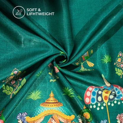 Common Teal  And Green Madhuvanii Pattern Digital Print Silk Satin Fabric