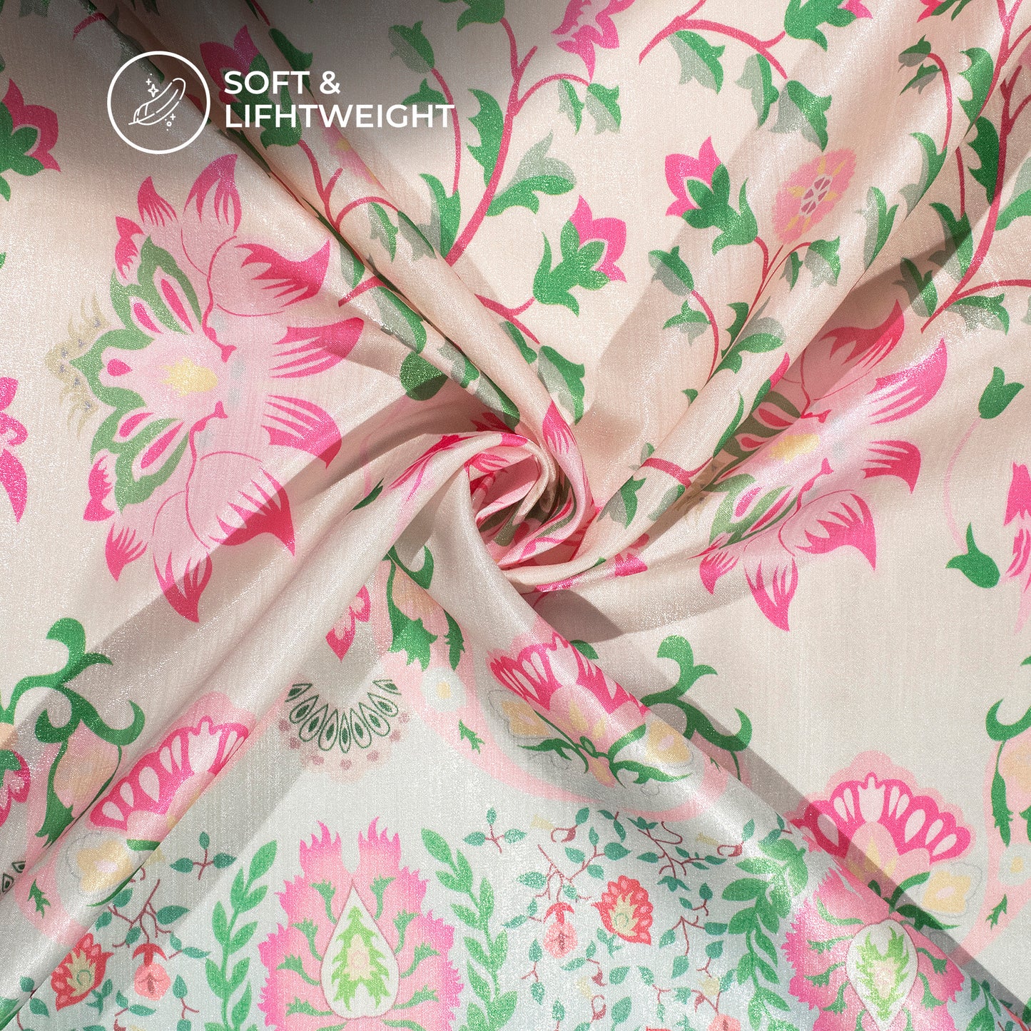 Creamy And Pink Floral Pattern Digital Print Silk Satin Fabric