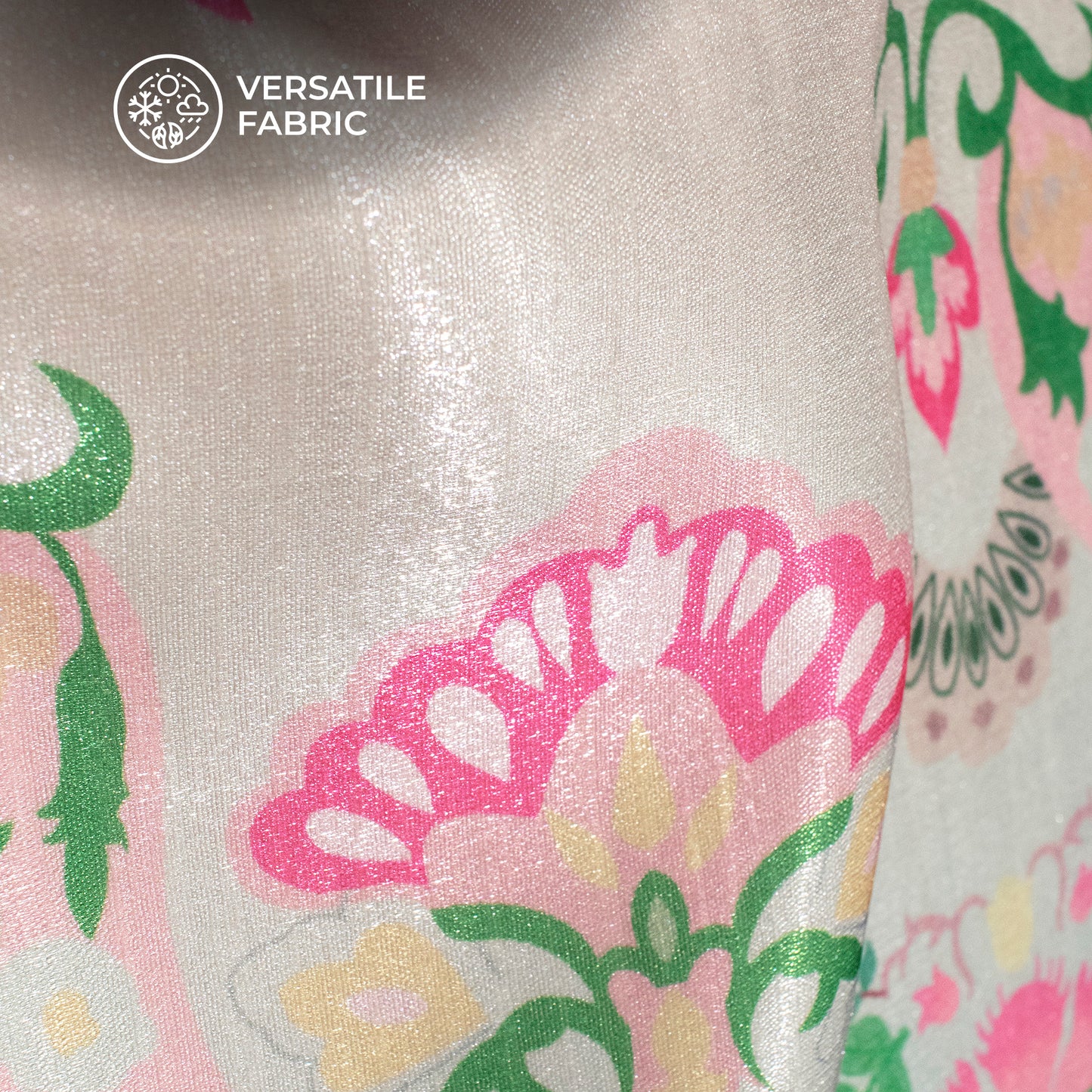 Creamy And Pink Floral Pattern Digital Print Silk Satin Fabric