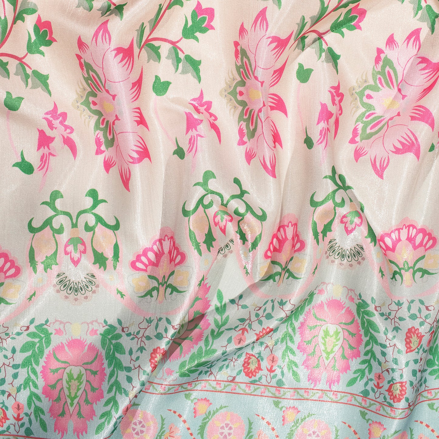 Creamy And Pink Floral Pattern Digital Print Silk Satin Fabric