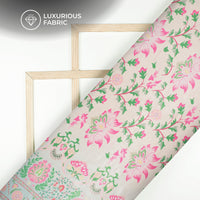 Creamy And Pink Floral Pattern Digital Print Silk Satin Fabric