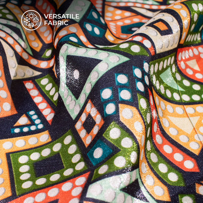 Orange And Navy Blue Quirky Pattern Digital Print Silk Satin Fabric