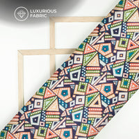 Orange And Navy Blue Quirky Pattern Digital Print Silk Satin Fabric