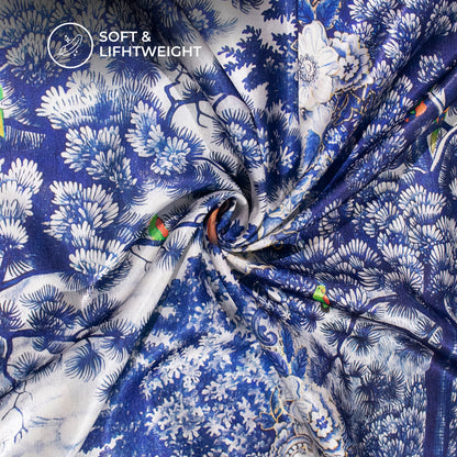 Blue And Off White Forest Pattern Digital Print Silk Satin Fabric